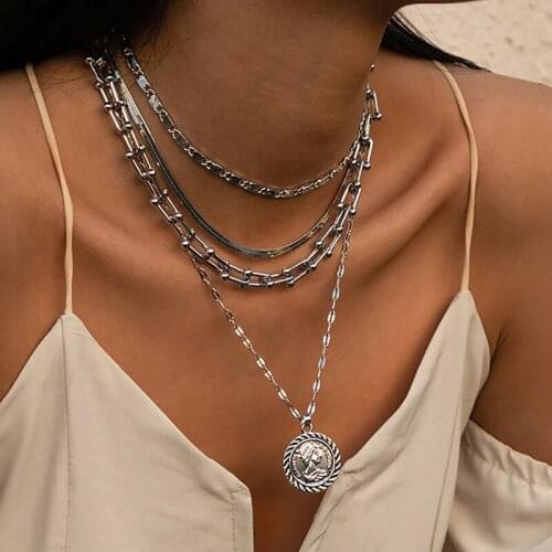 LOVOACC Multi Layer Hollow Linked Chain Necklace for Women Head Portrait Coin Snake Pendant Necklace Vintage Jewelry Accessories