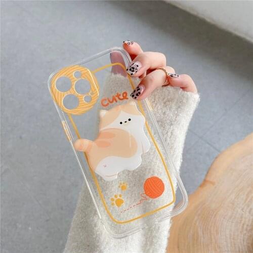 Cute Cartoon Transparent Case With Foldable Cat Stand Holder For iPhone 12 11 Pro Max 7 8 Plus X XR XS MAX Clear Soft TPU Cover
