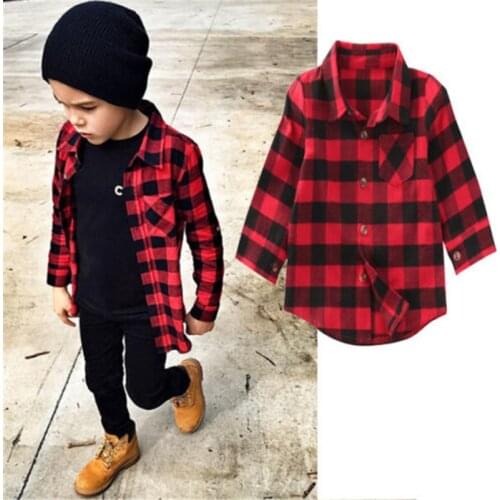 Fashion Baby Kids Boys Girls Shirts Long Sleeve Red Plaids Checks Shirt Tops Trendy Kids Blouse Clothes 1-7Y