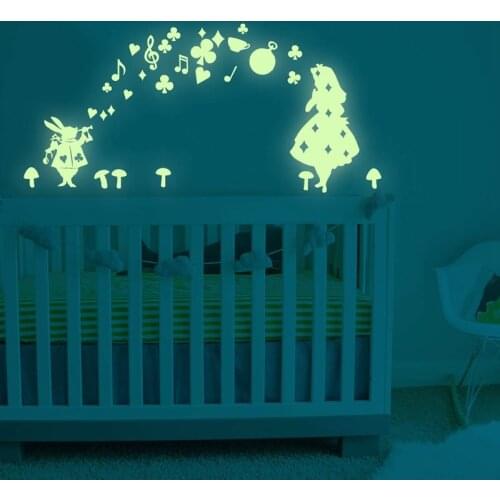 Alice in Wonderland Glow in The Dark Wall Stickers Fairy Peel DIY Luminous Vinyl Wall Decor for Kids Girls Bedroom Nursery Room