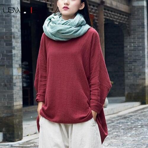 2020 Autumn T Shirt Women Retro Leisure Long Sleeves O-neck Solid Color Long Sleeve Irregular Hem Casual Comfort Tees