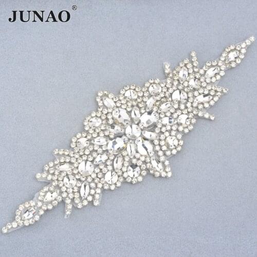 JUNAO 90*240mm Clear Glass Rhinestone Patches Hotfix Flower Applique Iron On Patch Clothes Stickers Crystal Motif for Wedding
