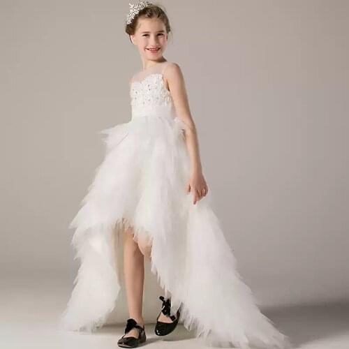 Flower Girl Dress Sleeveless Crystal Pearls Embroidery O-Neck Princess Knee-Length Tulle Lace Luxury White Kids Party Gown H508