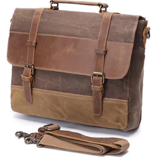 Waxed Canvas Man Briefcase Crazy Horse Leather Working Handbag Messenger Bags Vintage Style Mens Large Laptop Bag Custom LOGO