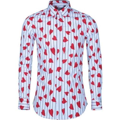 Luxury Heart And Stripe Printed Men Shirt Fashion 100% Cotton Men Shirt Long Sleeve Hight Quality Slim Fit Mens Dress Shirt 4XL