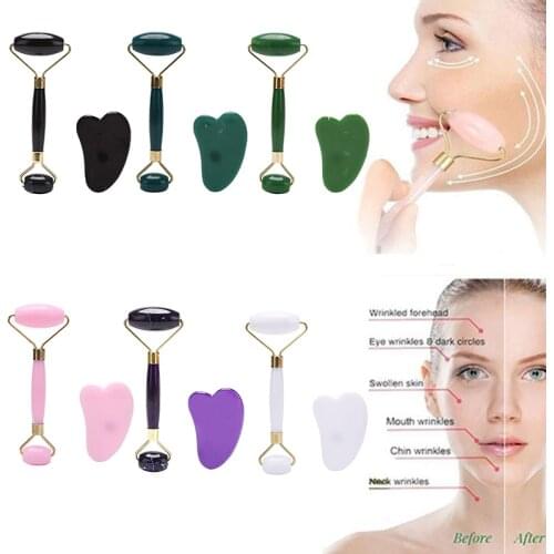 Rose Quartz Gouache Scraper Jade Roller And Gua Sha Scraper Facial Massager Slimming Face Wrinkle Removal Beauty Skin Care Tools