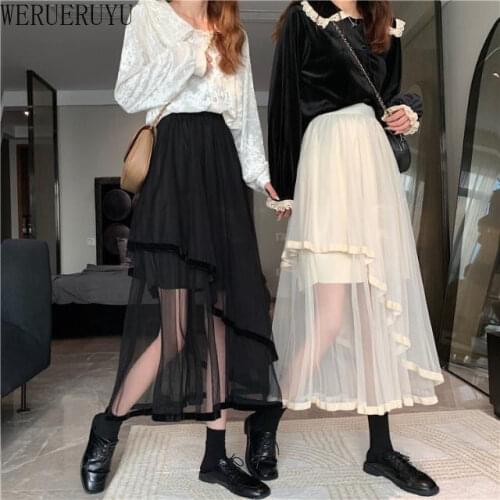 WERUERUYU Mesh Skirt 2021 Autumn Winter New High Waist Slim Temperament Mid-Length Korean Style Womens Skirt