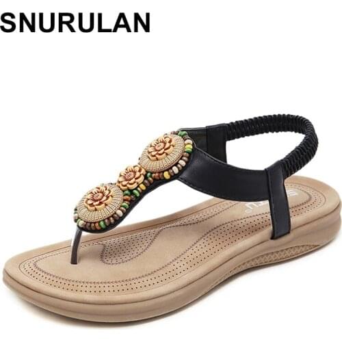 SNURULAN Summer Shoes for Women Ethnic Style Travel Retro Sandals Women String Bead Breathable Beach Flat Sandals
