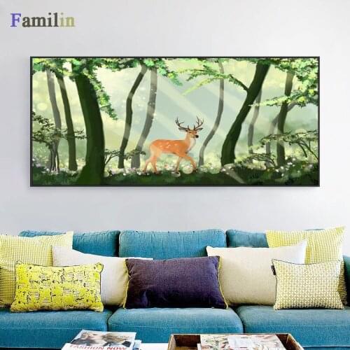 Modern Blue Ground Deer Under Tree Canvas Poster and Print Abstract Art Painting Wall Picture for Living Room Bedroom Home Decor