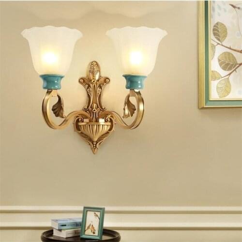 L78-American-style European Minimalist Full Copper Wall Lamp Ceramic Lamp Shade for Background Bedroom Bedside Corridor Aisle