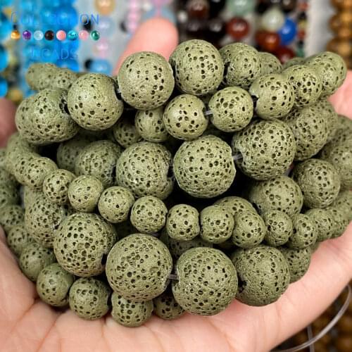 Natural Stone Dark Green Volcanic Rock Lava Beads Loose Spacer Round For Jewelry Making 6-12MM DIY Bracelet Accessories 15"