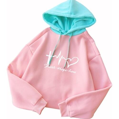 Faith Love Hope Hoodies Sweatshirt Women Autumn Winter Fleece Casual Streetwear Harajuku Kawaii Heart Printed Spell Color Hooded