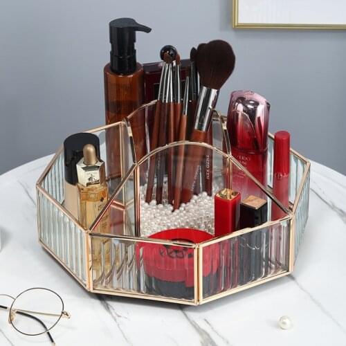 VoltaBox 2021 New Rotary Cosmetic Tool Storage Box Metal Edge Transparent Partition Cosmetic Storage Box Storage Rack