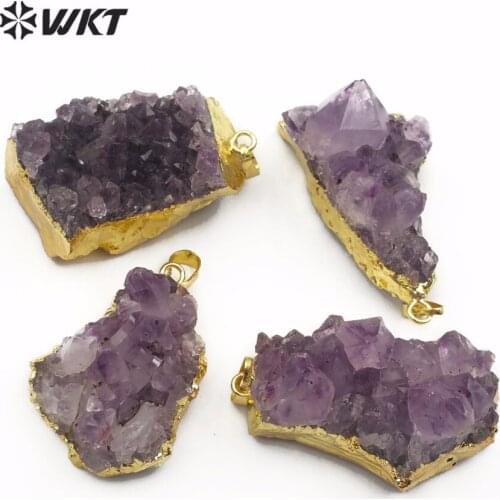 WKT WT-P1438 10pcs/lot Natural Uraguay Purple Crystal Pendant Raw Quartz Irregular Size Gold Frame for Womens Necklace Pendant