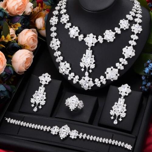 KellyBola Jewelry Fashion Gorgeous Double Chain Zircon Necklace Bracelet Earring Ring 4PCS Female Wedding Party Performance