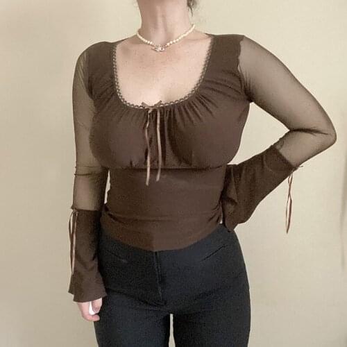 2020 Fashion Trend Women Tops Long Sleeves Flared Mesh Patchwork Slim Fit Elegant Transparent Retro Spring Autumn T-shirt Tees