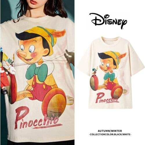 Disney Oversized T-shirt Harajuku The Adventures of Pinocchio Cartoon O-Neck Summer Women Short Sleeve Female Tee Tops Plus