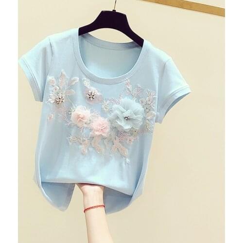 2021 Spring Summer New Blue Tshirt Woman Three-dimensional Embroidery Flower Round Neck Short Sleeve T-shirt Womens Casual Tee