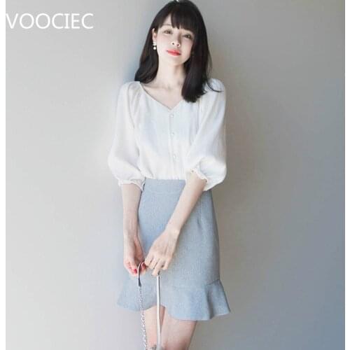 VOOCIEC Women Sets Lantern Sleeve Pink Blouse Tops+Bow Draped White Skirt Office Ladies Slim Bodycon Knee-length Skirt Sets