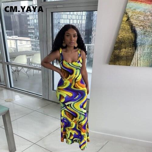 CM.YAYA Women Long Dress Print Sleeveless O-neck Stretchy Bodycon Maxi Dresses Sexy Fashion Casual Vestidos Summer Outfits 2021