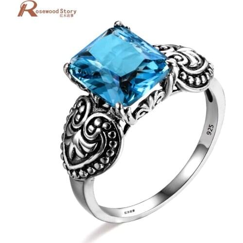 Baroco Heart Shaped Female Blue Stone Geometric Ring Fashion 925 Sterling Silver Jewelry Vintage Wedding Rings For Women