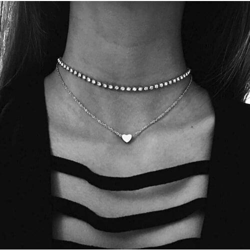 2 Pcs/Set Fashion Shiny Crystal Gem Heart Pendant Multilayer Necklace Women Party Clavicle Necklace Set Charm Valentines Gift