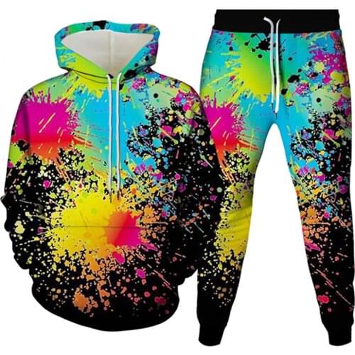 Mens New Fashion Hoodie+Trousers 2Pcs Set Paint Splash Tie Dye 3D Printing Male Hip Hop Clothes Women Tracksuit Plus Size S-6XL