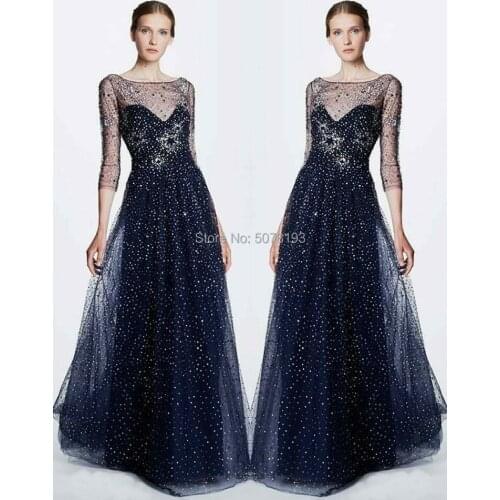 2019 hot sale scoop 3/4 sleeves A-line floor-length tulle evenig dress/gowns zipper&beading free shipping