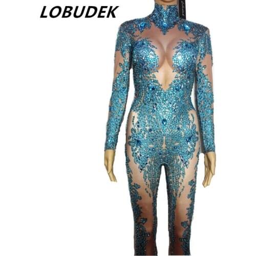 Sparkly White Blue Crystals Jumpsuit Rhinestones Bodysuit Female Sexy Bar DJ DS Costume Singer Dancer Party Celebration Clothing