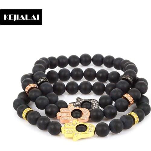 Natural Stone Beaded Bracelet Hamsa Hand Charm Micro Pave White Zircon 8mm Matte Onyx Beads for Men Jewelry Women Bracelet