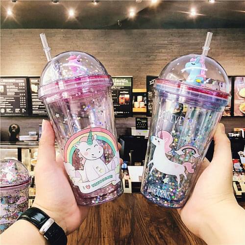 Unicorn Sequins Water Bottle Cute Plastic Drinking Bottle with Straw Lid Boys And Girls Cartoon Water Bottles For School Outdoor