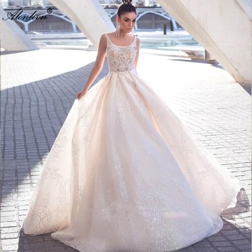 Alonlivn Whole Shiny Voile Scoop A-Line Wedding Dress Beaded Crystals Spaghetti Straps Sleeveless Bride Gown Customize Made