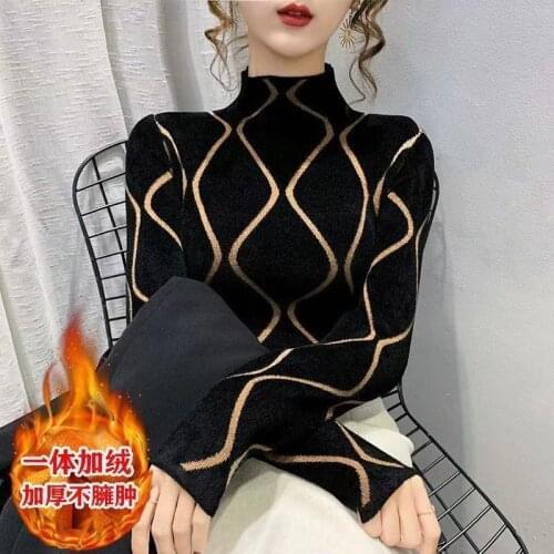 Fashion Double-Sided Fleece Blouse, New High-Necked Warm And Comfortable Bottoming Shirt Plus Velvet Padded Print Pullover Traf