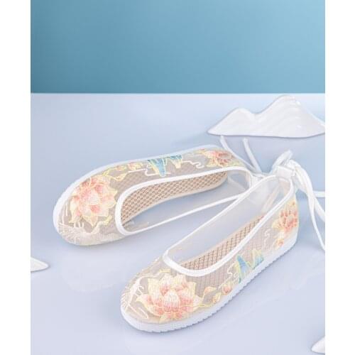 Original Summer New Flat-bottomed Hanfu Shoes Womens Ancient Costume Round-headed Embroidered Shoes Cool Mesh Shoes