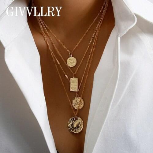 Chic Embossed Queen Coin Pendant Necklaces for Women Jewelry Vintage Geometric Tag Charm Multilayered Gold Chain Necklace Set