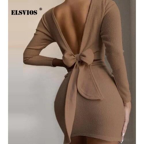 Sexy Autumn Bowknot Backless Mini Pencil Dress Solid O Neck Casual Long Sleeve Pullover Dress Elegant Office Lady Party Dresses