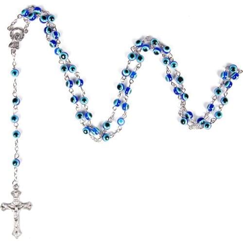 Brown Cats Eye Beads Rosary Necklace Men Women Catholic Christ Jesus Praying Cross Holy Virgin Pendant Jewelry Gift