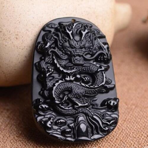 Natural Beautiful Chinese Handwork Jade Black Obsidian Carved Dragon Amulet Lucky Pendant Necklace Fashion Jewelry