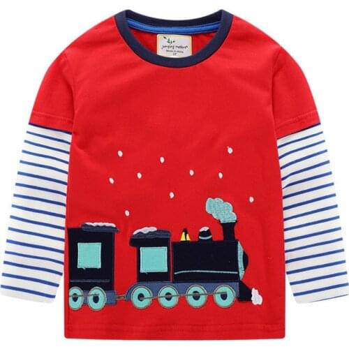 Jumping meters New Autumn Spring Red Baby Tees Long Sleeve Childrens Cotton T shirts Applique Train Fashion Kids Tops