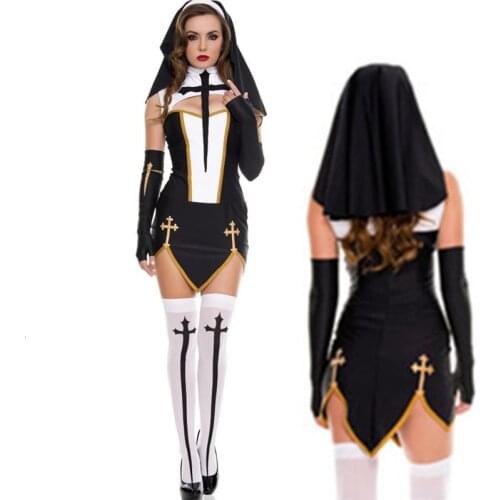 Christmas Sexy Nun Costume Adult Women Cosplay Dress With White Hood For Halloween Costume Sister Cosplay Party Costume