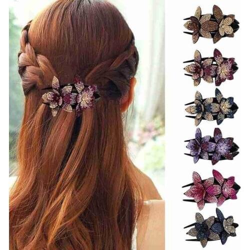 Rhinestone Double Flower Hair Clip Hair Crystal Hair Combs Female Elegant Beads Hairgrip Handmade Fashion Hair Accessories Tools