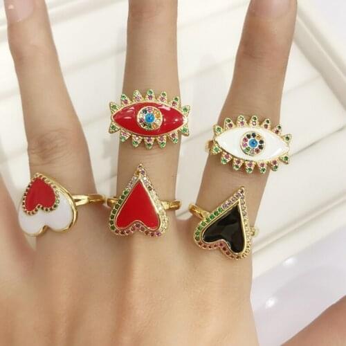 Turish Evil Eye Heart Ring Women Trendy Gold Color Crystal Jewelry Enamel Finger Rings Simple Adjustable Zircon Crown Ring Set