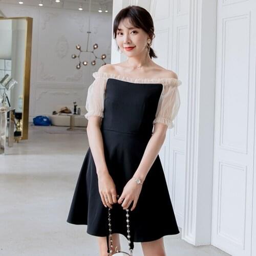 YIGELILA Women Off Shoulder Dress Summer Fashion Slash Neck Mesh Lantern Sleeve Empire Slim Above-Knee A-line Black Dress 64907