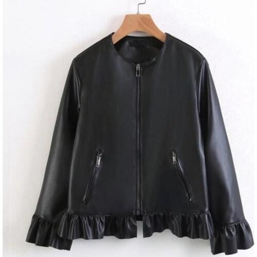 2019 Spring/autumn New Black Leather Clothing Women Coat Ruffle Lamination Ornament PU Leather Jacket Fashion Casual Coats