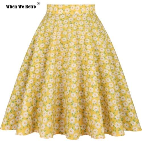 When We Retro Daisy Floral Printed Women Yellow Skirt VD0020 Vintage Casual High Waist A Line jupe femme Flare Summer Skirts