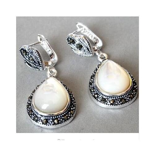 Natural Jewelry ladys 925 Silver Natural White Sea Shell Marcasite Waterdrop Earrings 11/2" big earrings