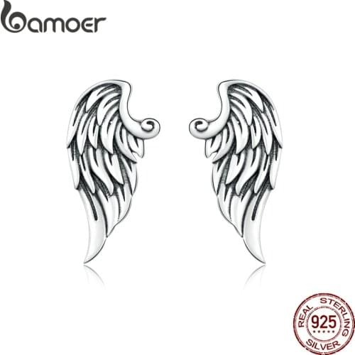 Bamoer Retro Wings Stud Earrings for Women Genuine 925 Sterling Silver Vintage Design Ear Pin Studs Fine DIY Jewelry BSE343