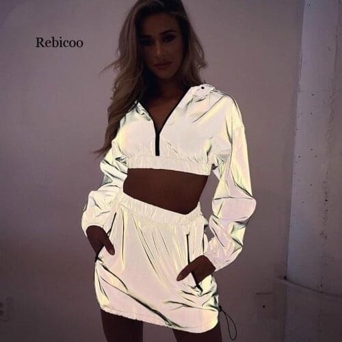 Women flash reflective zipper long sleeve hoodies pullover hooded top high waist mini skirt set Sexy Sports Leisure Windbreaker
