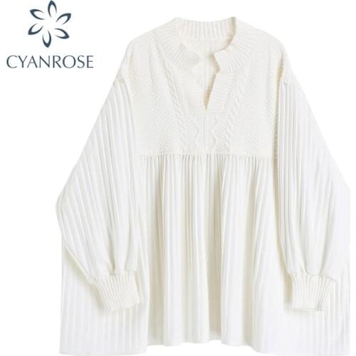 Oversized White Knitted Shirt Dress Women Korean Vintage Pleated Crop Midi Dress Ladies Puff Long Sleeve Elegant Sweet Vestidos