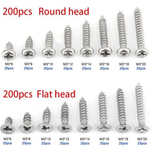 200pcs M3 Stainless Steel Flat Head Screws Kits High strength Self-Tapping Screws Assortment Set For Wood Furniture